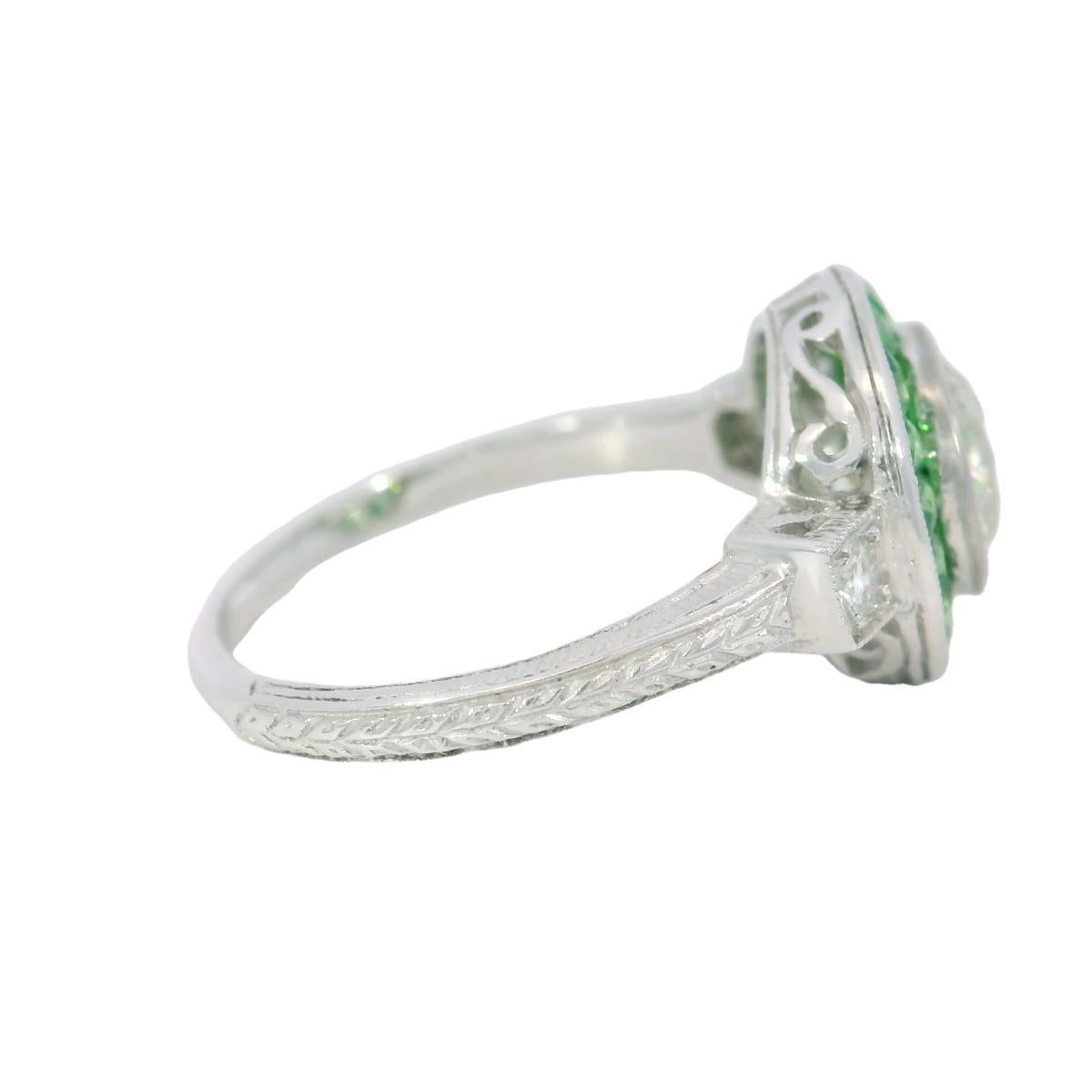 Diamond Tsavorite Halo Cluster Ring in Platinum 1.24ct Old Miner Art Deco Style For Sale 1
