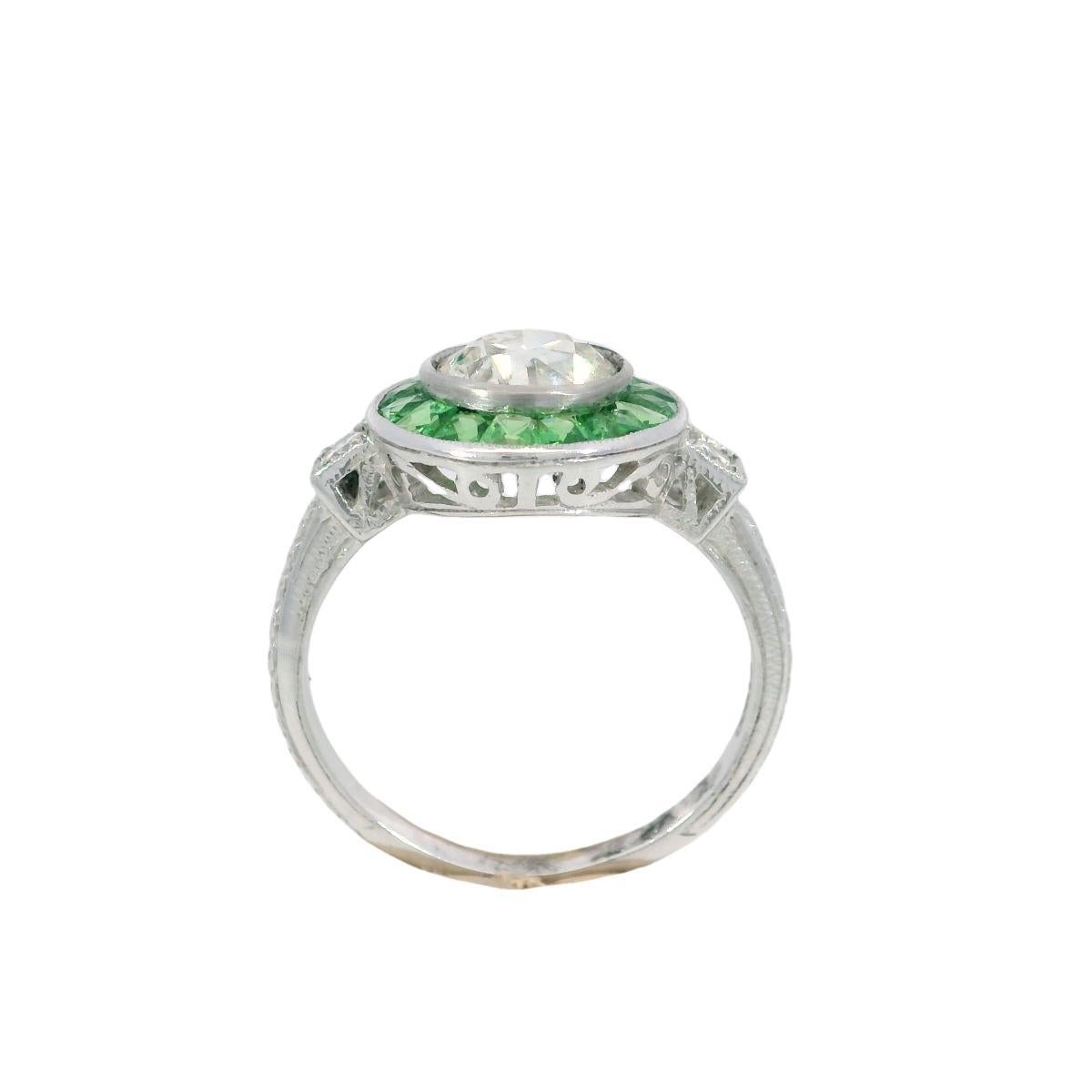 Diamond Tsavorite Halo Cluster Ring in Platinum 1.24ct Old Miner Art Deco Style For Sale 4