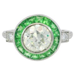 Anillo en Racimo de Diamantes Tsavorita en Platino 1.24ct Estilo Art Decó Old Miner