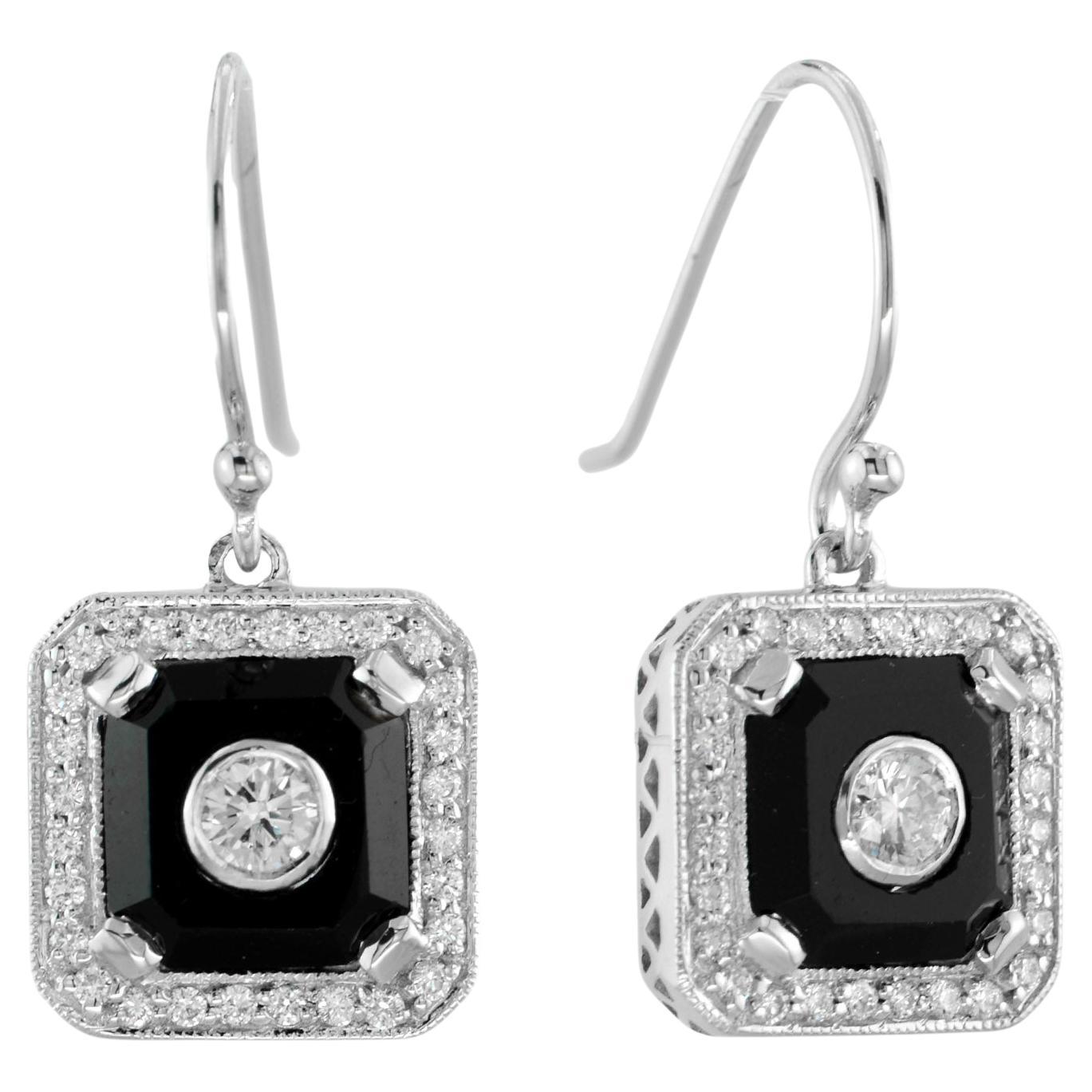 Art Deco Style Diamond & Black Onyx Halo Set Drop 14K White Gold Earrings en vente
