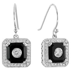 Art Deco Style Diamond & Black Onyx Halo Set Drop 14K White Gold Earrings
