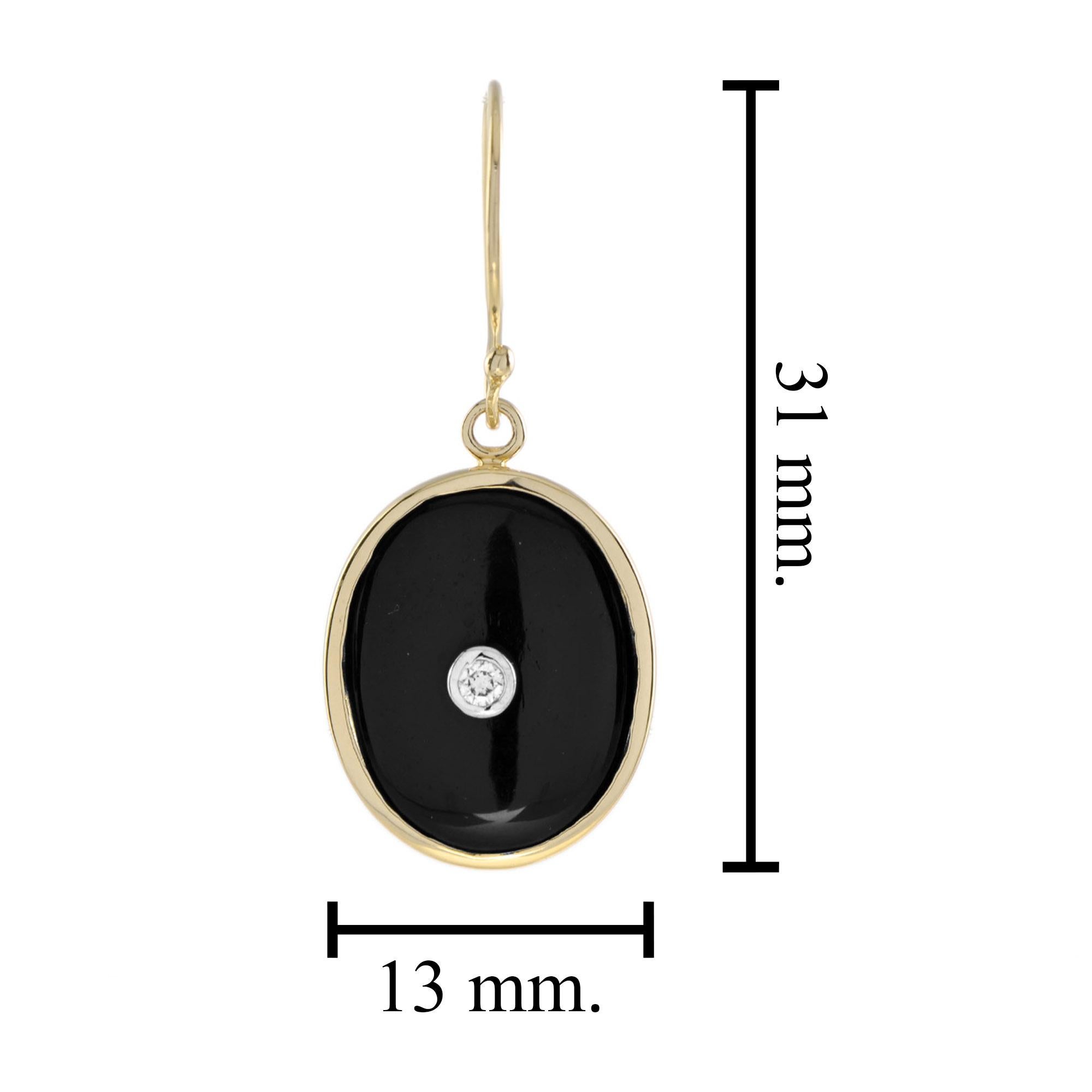 Art Deco Style Diamond & Black Onyx Oval Shape Drop 14K Yellow Gold Earrings (Rundschliff) im Angebot