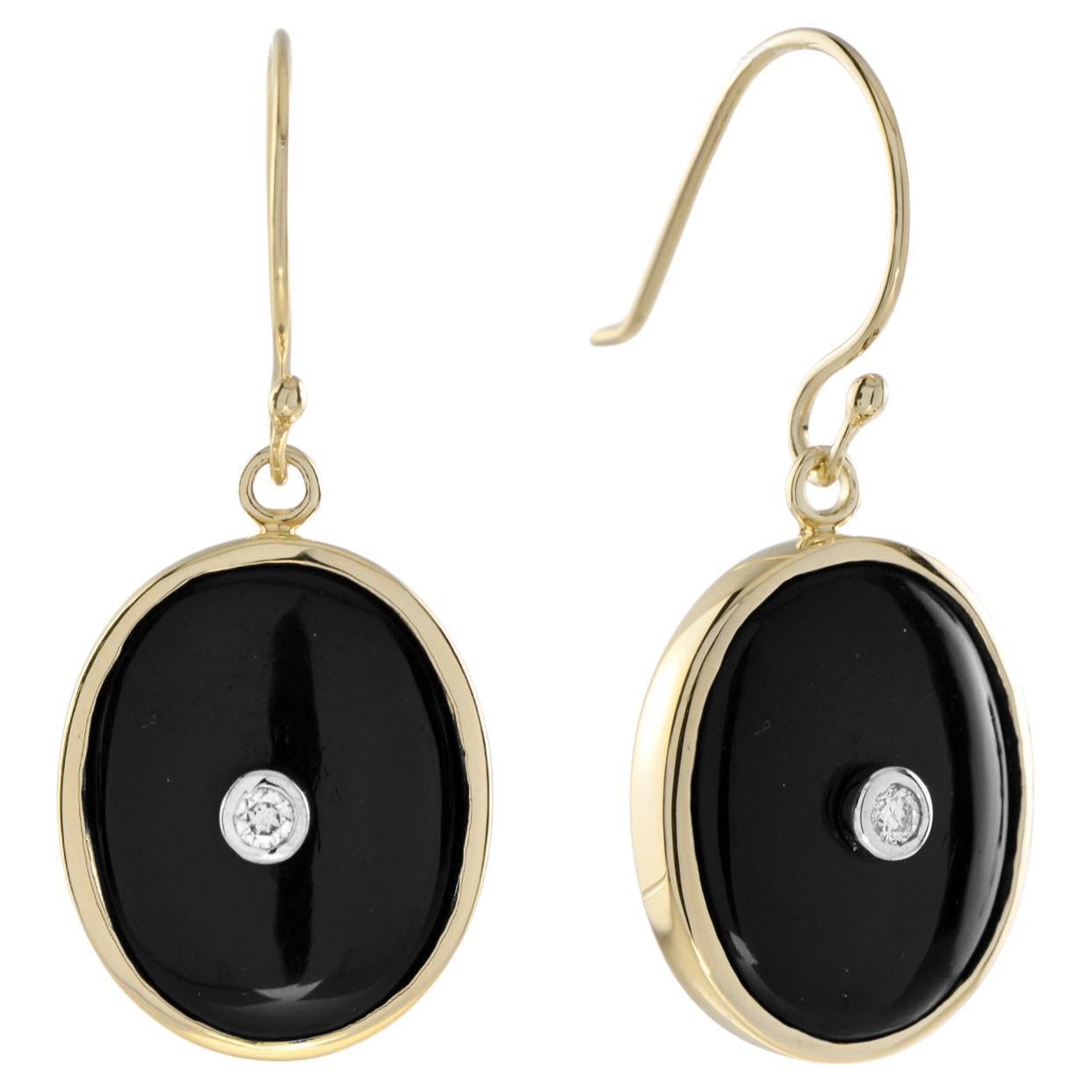 Art Deco Style Diamond & Black Onyx Oval Shape Drop 14K Yellow Gold Earrings im Angebot