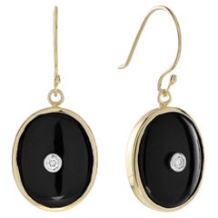 Art Deco Style Diamond & Black Onyx Oval Shape Drop 14K Yellow Gold Earrings