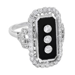 Art Deco Style Diamond & Black Onyx Shield Halo Set White Gold Ring