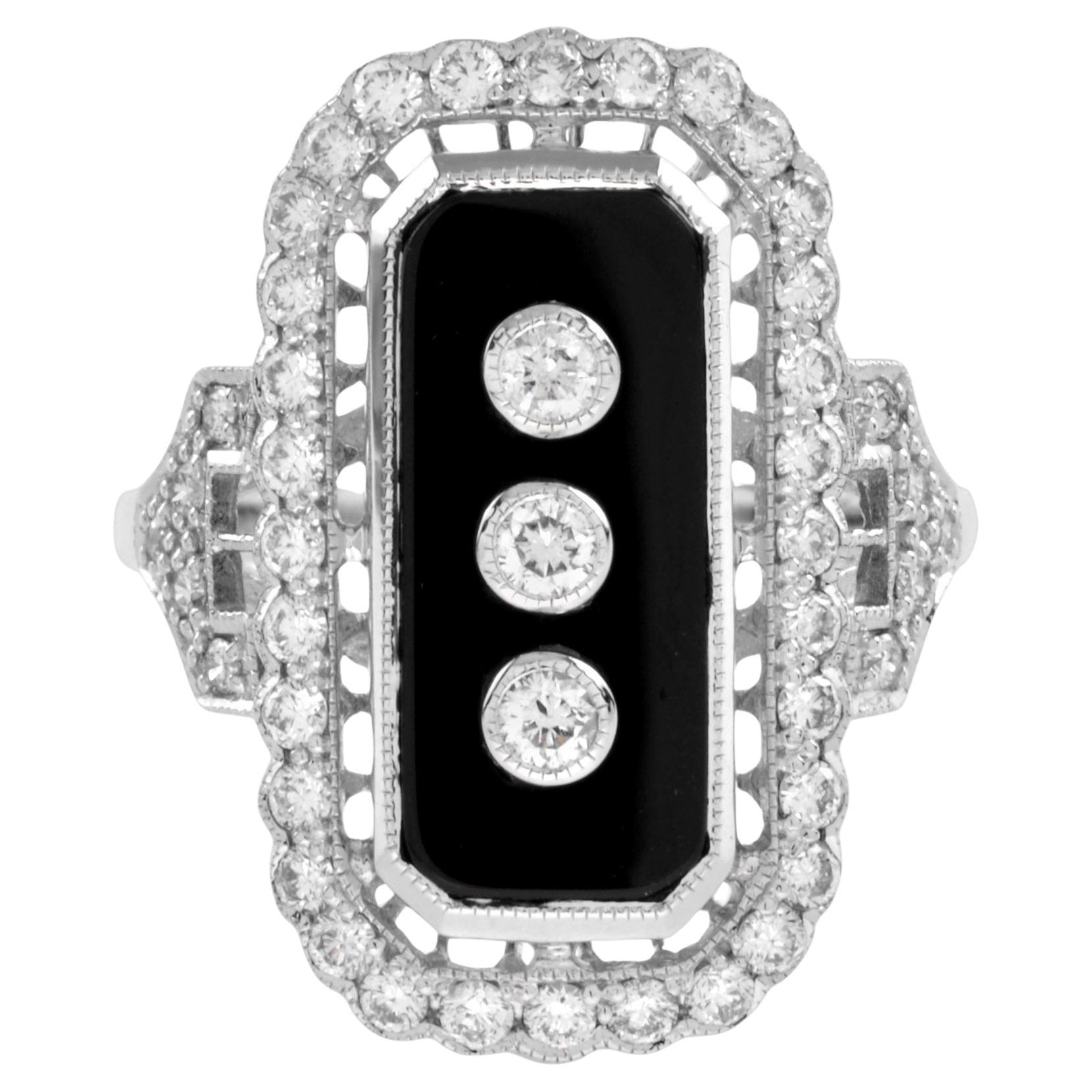 Art Deco Style Diamond & Black Onyx Shield Halo Set White Gold Ring
