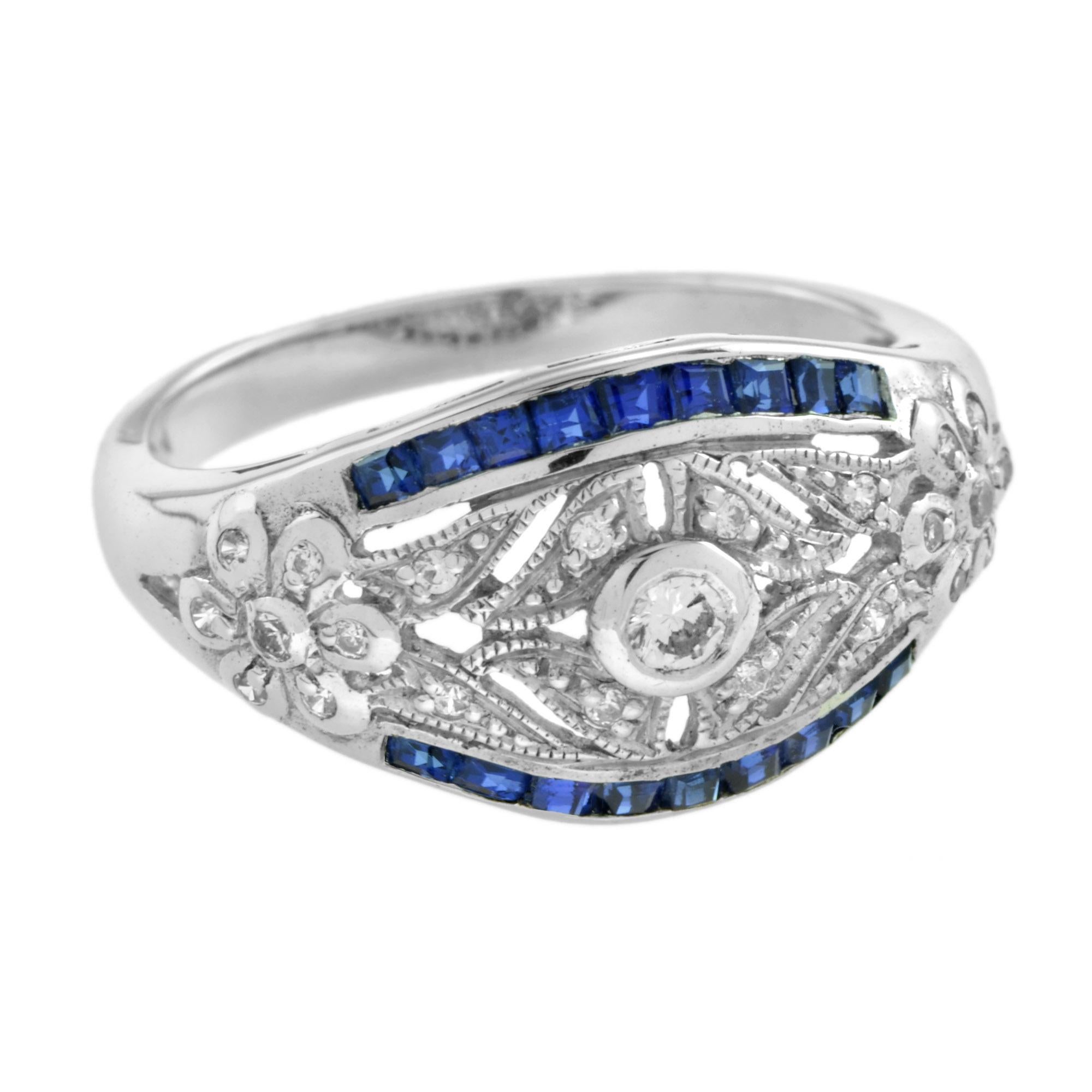 This stunning ring displays the outstanding workmanship famous inspired by Art Deco era. The incredible mounting is intricately detailed with 0.13 carats of glittering accent diamonds culminating in a 0.07 carat round cut diamond shining at the
