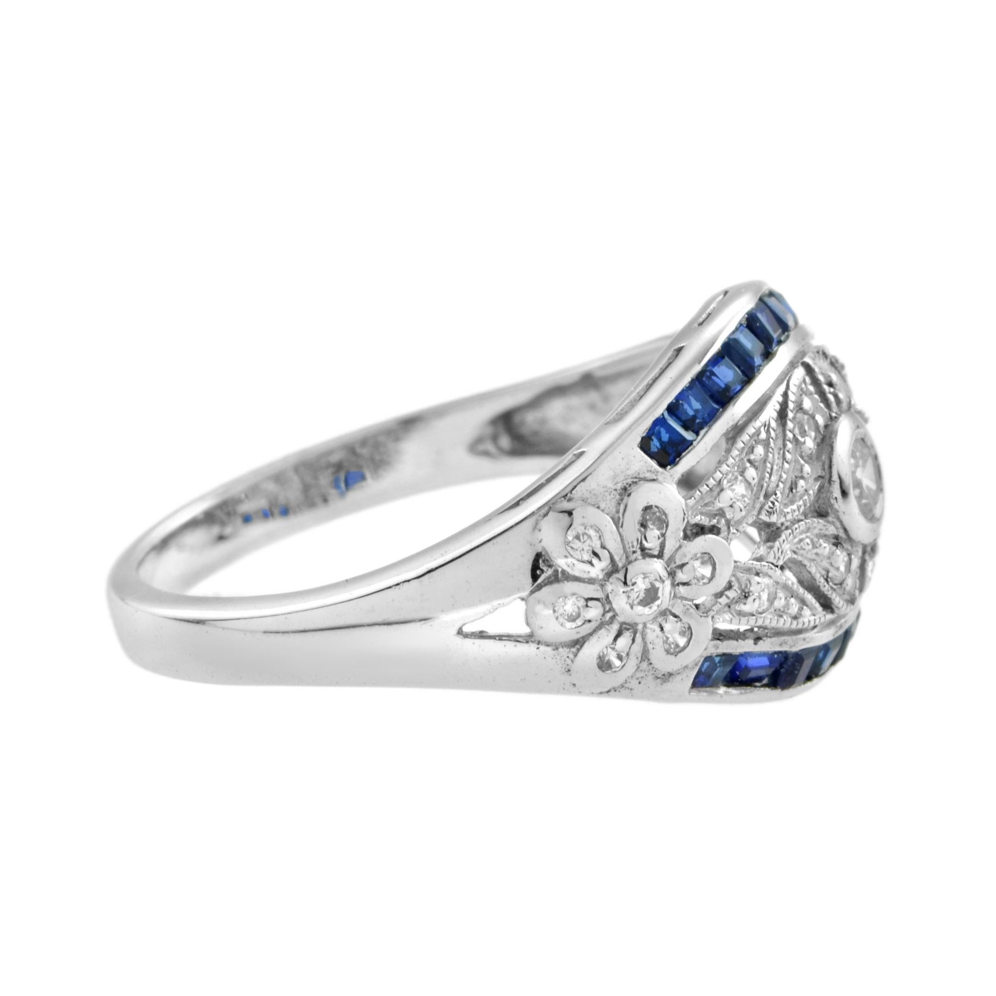 Round Cut Art Deco Style Diamond & Blue Sapphire 14K White Gold Dome Ring For Sale