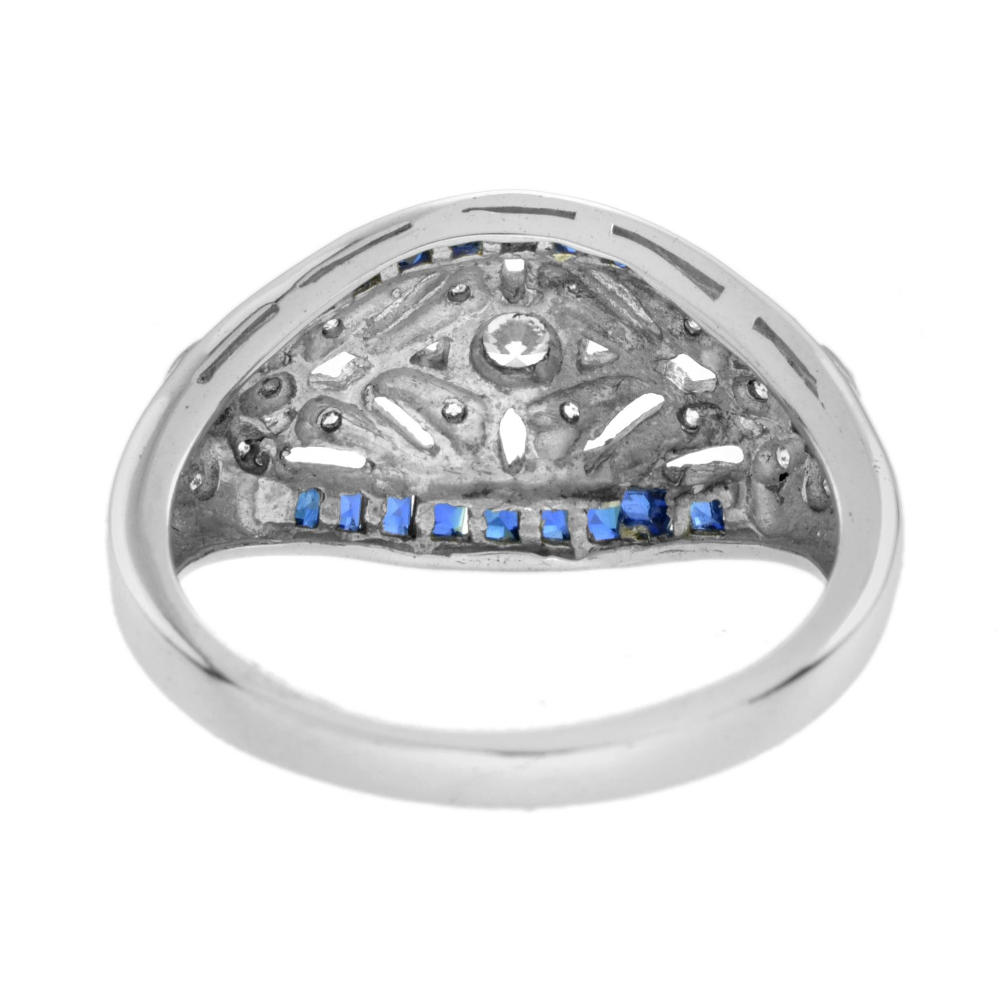 Art Deco Style Diamond & Blue Sapphire 14K White Gold Dome Ring In New Condition For Sale In Oakton, VA