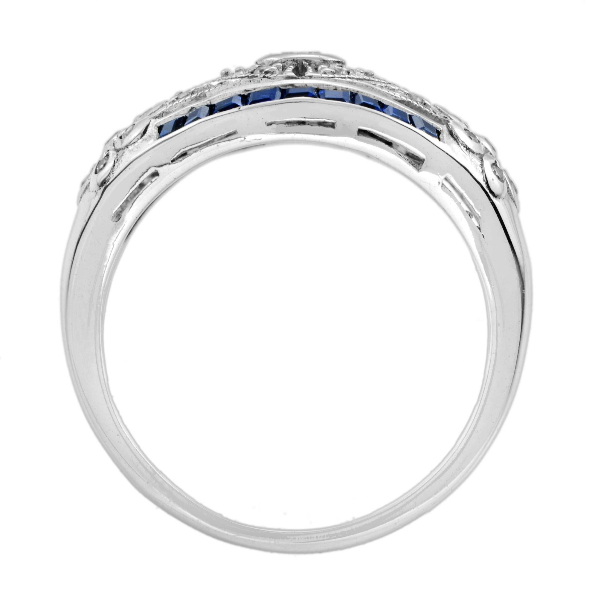 Women's or Men's Art Deco Style Diamond & Blue Sapphire 14K White Gold Dome Ring For Sale