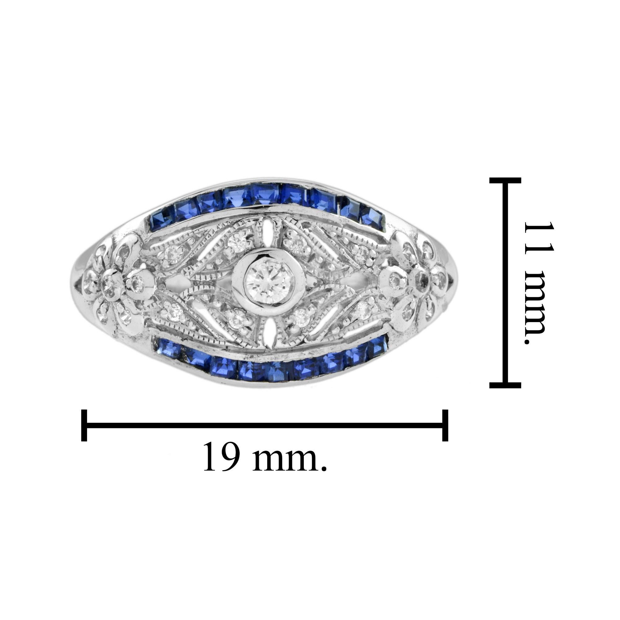 Art Deco Style Diamond & Blue Sapphire 14K White Gold Dome Ring For Sale 1