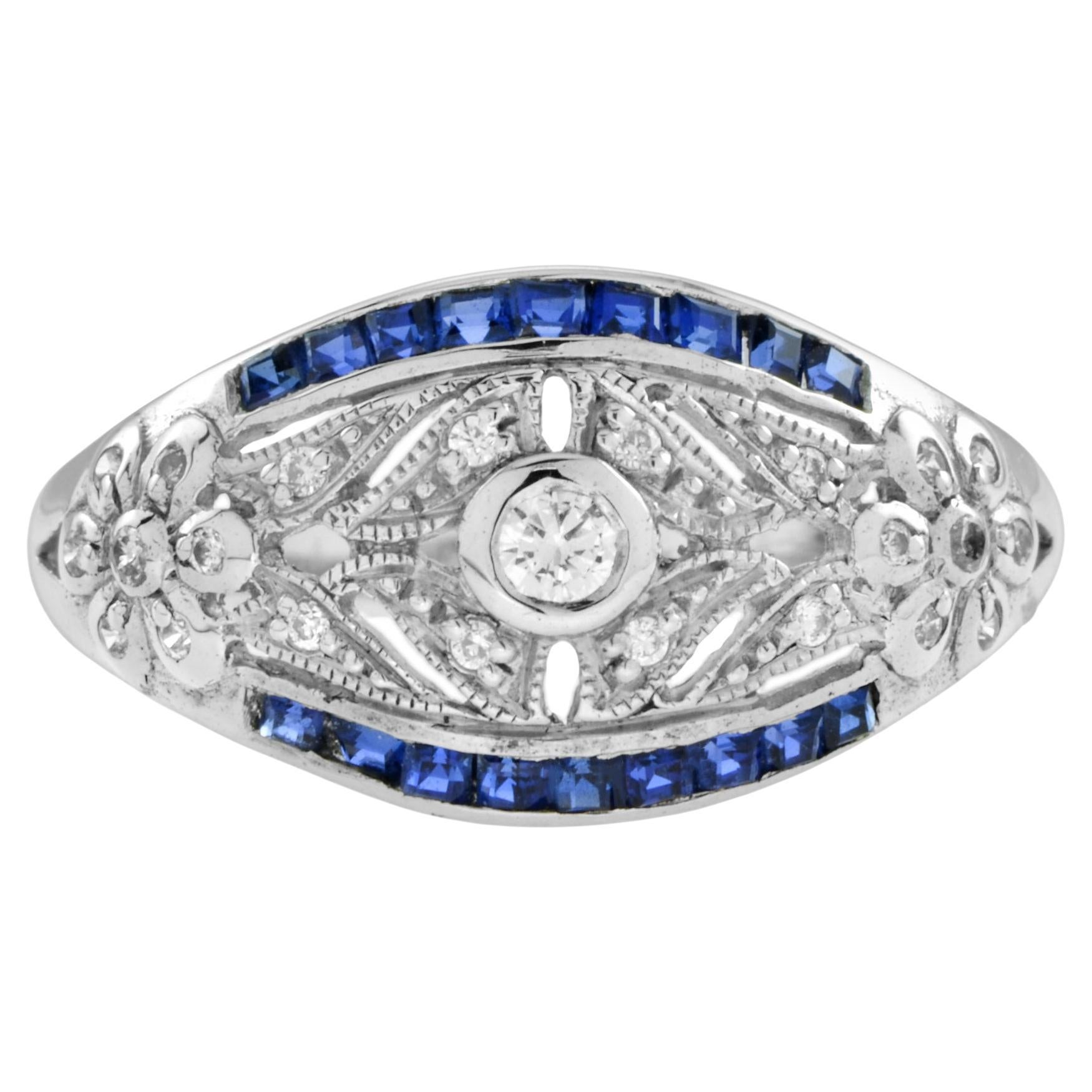 Art Deco Style Diamond & Blue Sapphire 14K White Gold Dome Ring