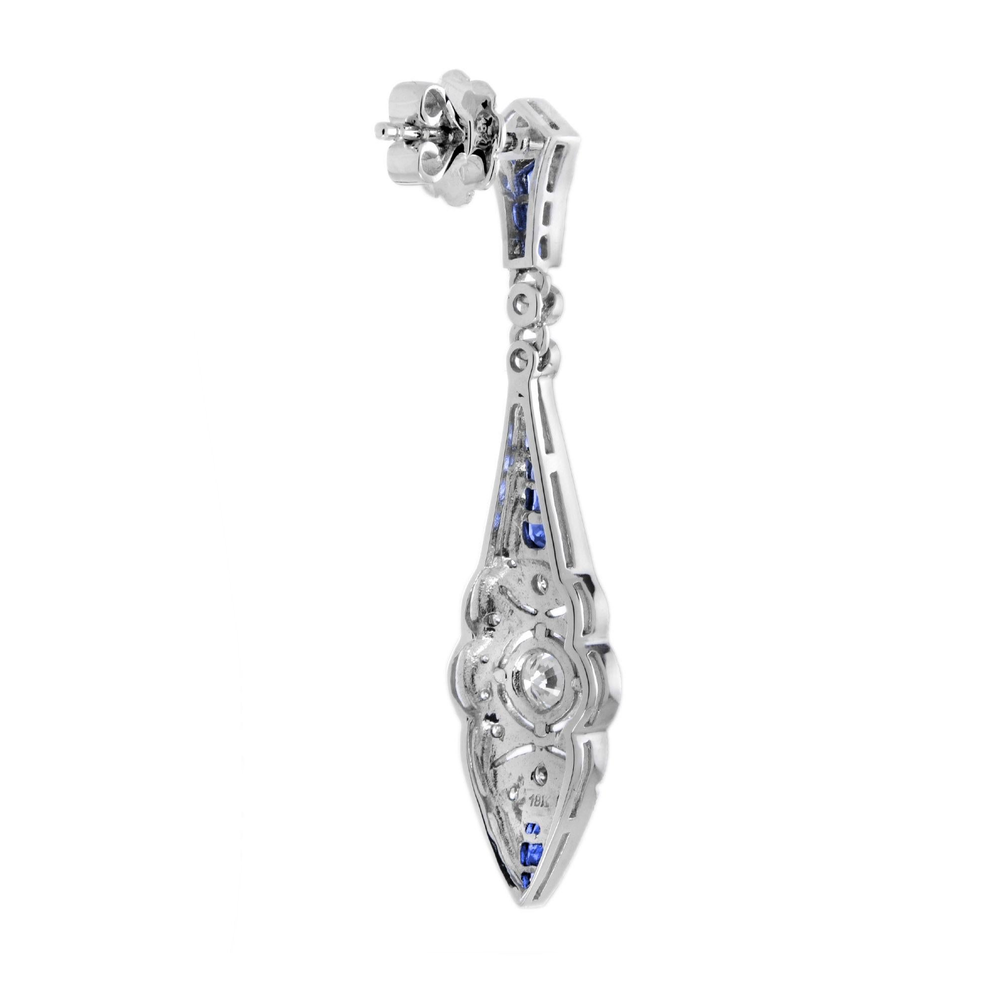 Art déco Art Deco Style Diamond & Blue Sapphire Drop 14K White Gold Drop Earrings en vente