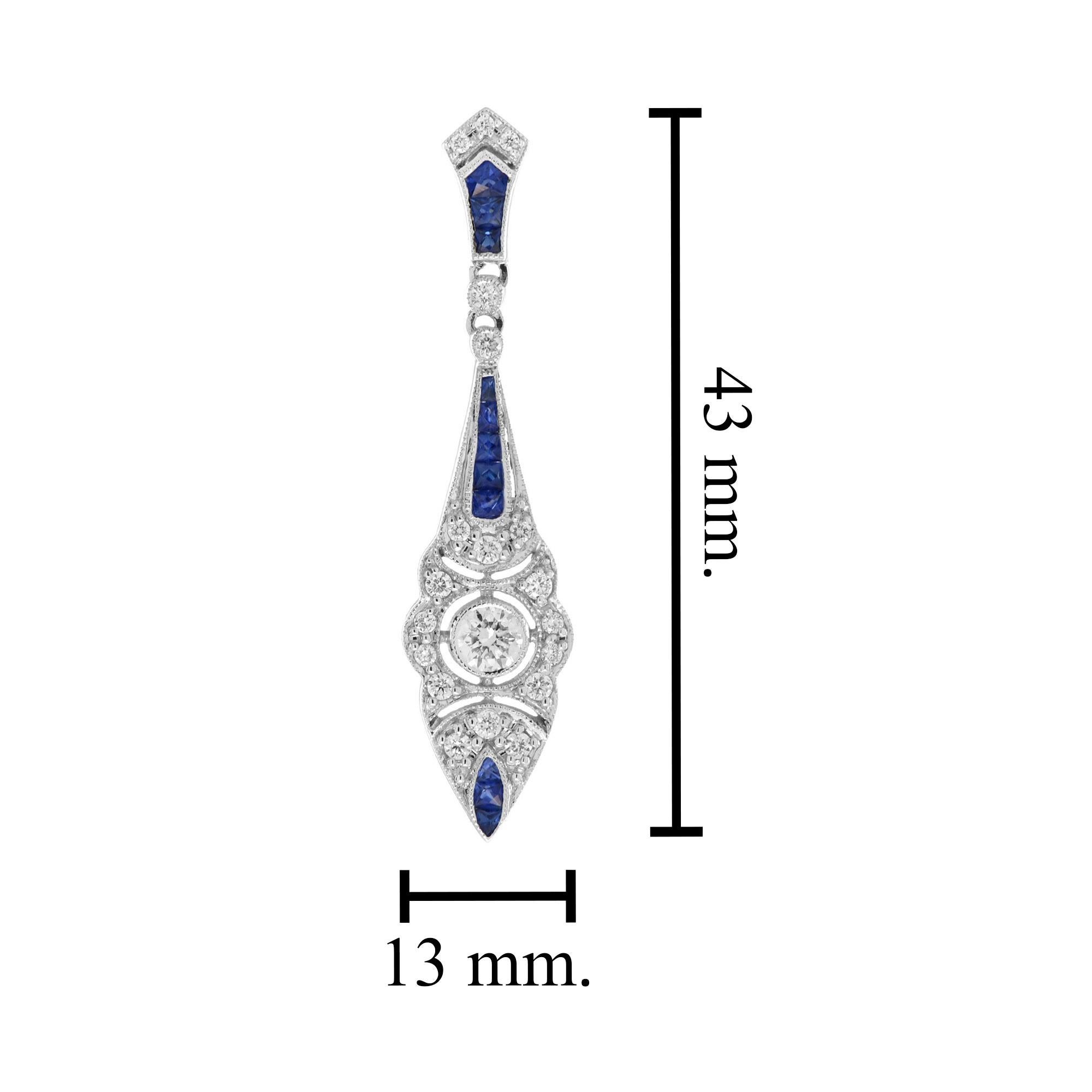 Taille ronde Art Deco Style Diamond & Blue Sapphire Drop 14K White Gold Drop Earrings en vente