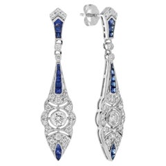 Art Deco Style Diamond & Blue Sapphire Drop 14K White Gold Drop Earrings