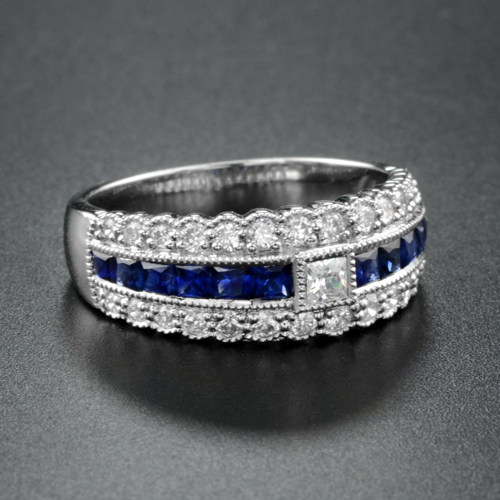 Art Déco Art Deco Style Diamond & Blue Sapphire Multiple Row Eternity 14K White Gold Ring in vendita