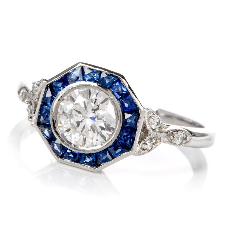 Art Deco Style Diamond Blue Sapphire Octagonal Platinum Ring For Sale ...