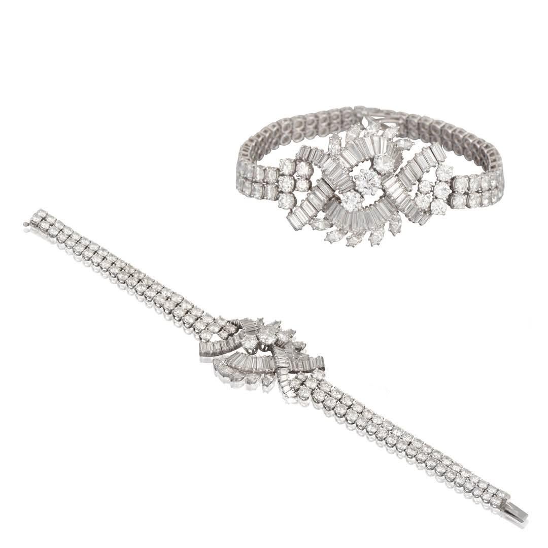Diamond bracelet from Asprey & Company Limited.
Art Deco style.
Made of platinum and set with white diamonds (total weight of 55 carats).

