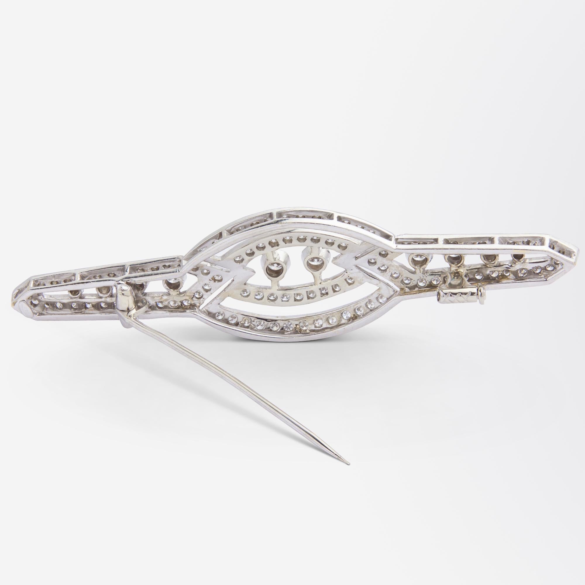 Brilliant Cut Art Deco Style Diamond Brooch in 18 Karat White Gold For Sale