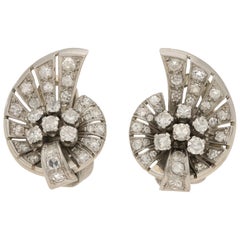 Art Deco Style Diamond Cluster Swirl Earrings Set in White Gold