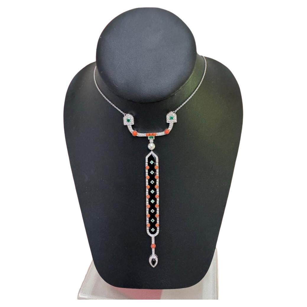 Art Deco Style Diamond, Coral, Emerald, Pearl and Onyx 18K White Gold Necklace