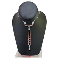 Art Deco Style Diamond, Coral, Emerald, Pearl and Onyx 18K White Gold Necklace