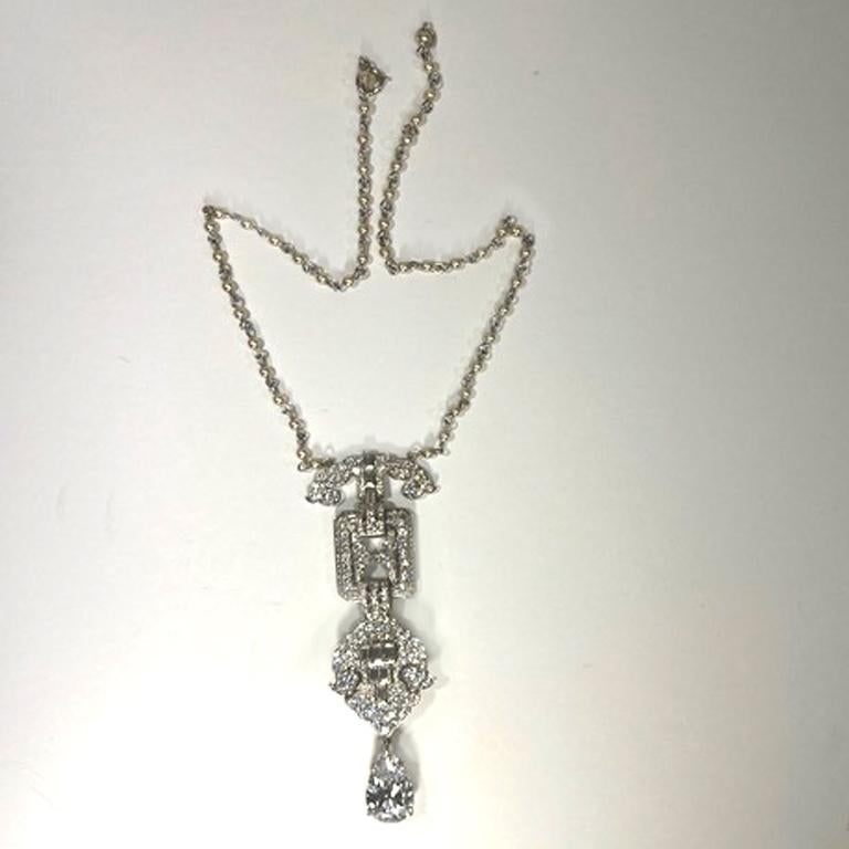 Art Deco Style Diamond Costume Jewelry Cartier Inspired Pendant Necklace In New Condition For Sale In New York, NY