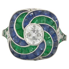 Art Deco Style Diamond Dome Engagement Ring Cocktail Swirling Sapphire Emerald