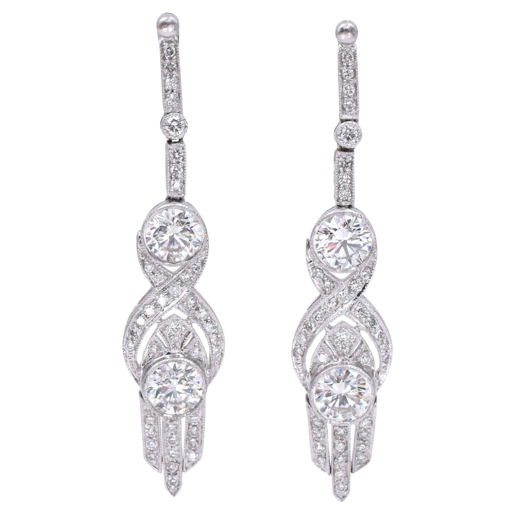 Art Deco Style Diamond Drop Earrings Platinum For Sale