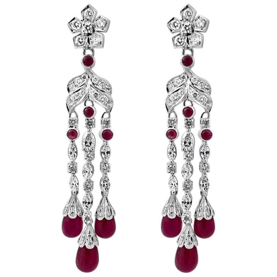 Art Deco Style Diamond Drop Earrings with 32 Carats of Natural Burmese Ruby