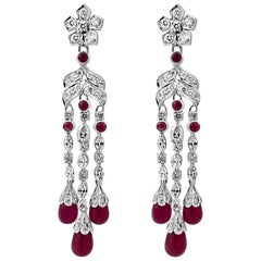 Art Deco Style Diamond Drop Earrings with 32 Carats of Natural Burmese Ruby