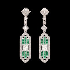 Art Deco Style Diamond & Emerald Dangle Earrings