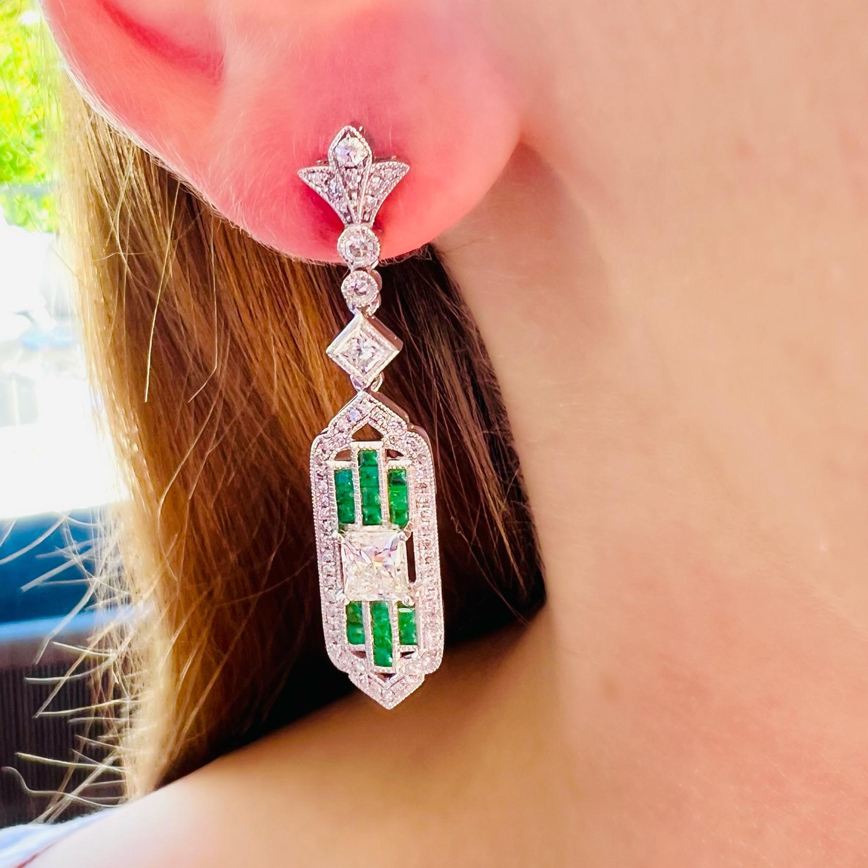 Art Deco Style Diamond & Emerald Dangle Earrings For Sale 1