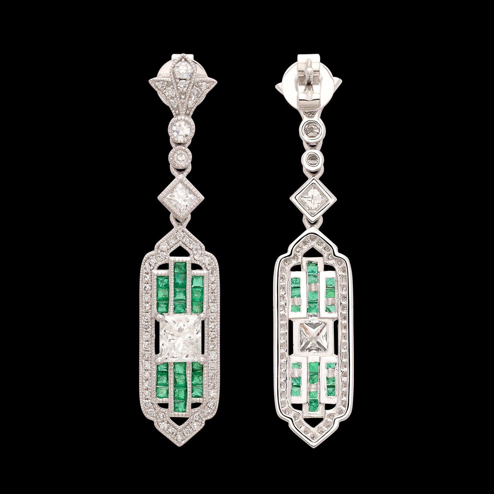 Art Deco Style Diamond & Emerald Dangle Earrings For Sale 2