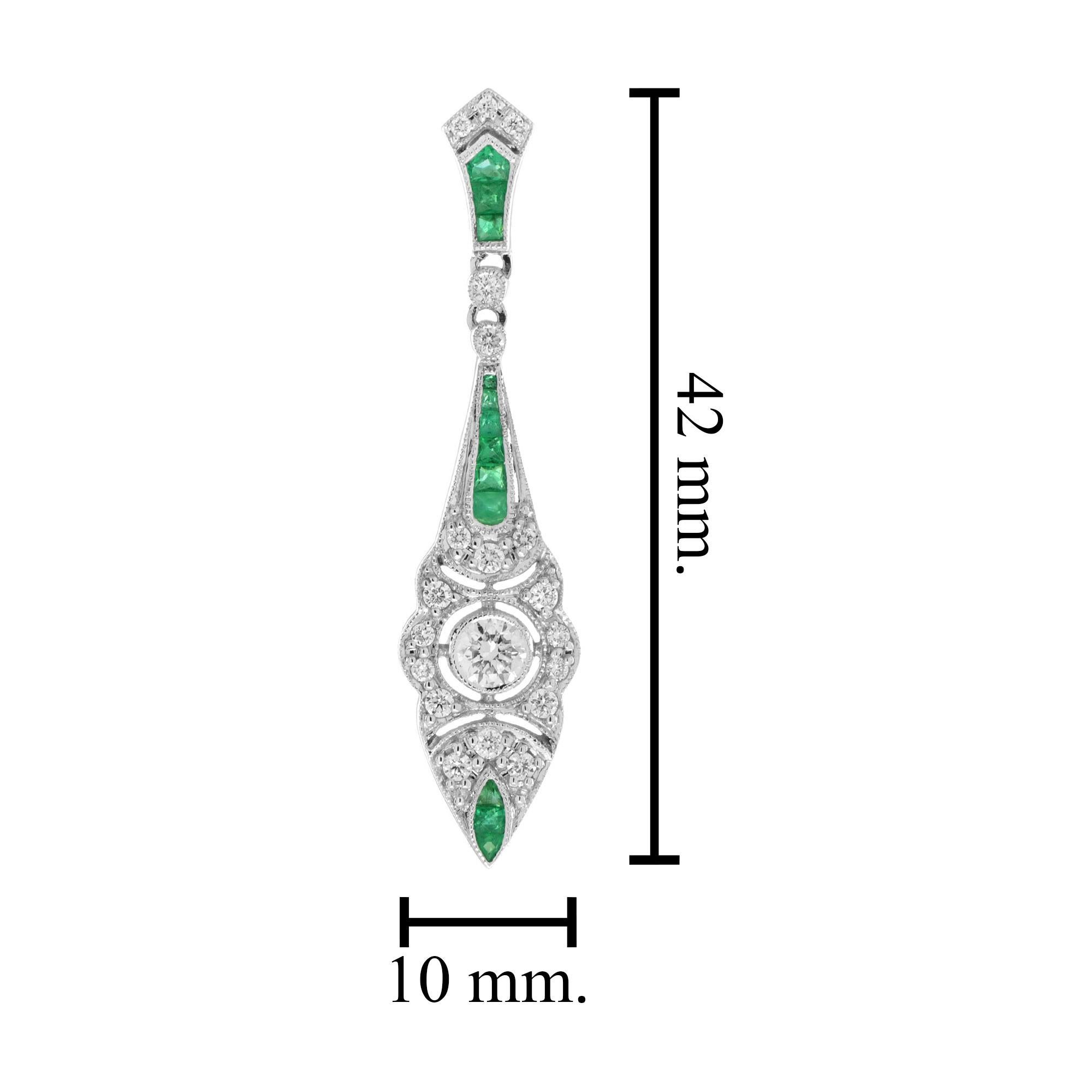 Art Deco Style Diamond & Emerald Drop 14K White Gold Dangle Earrings (Art déco) im Angebot