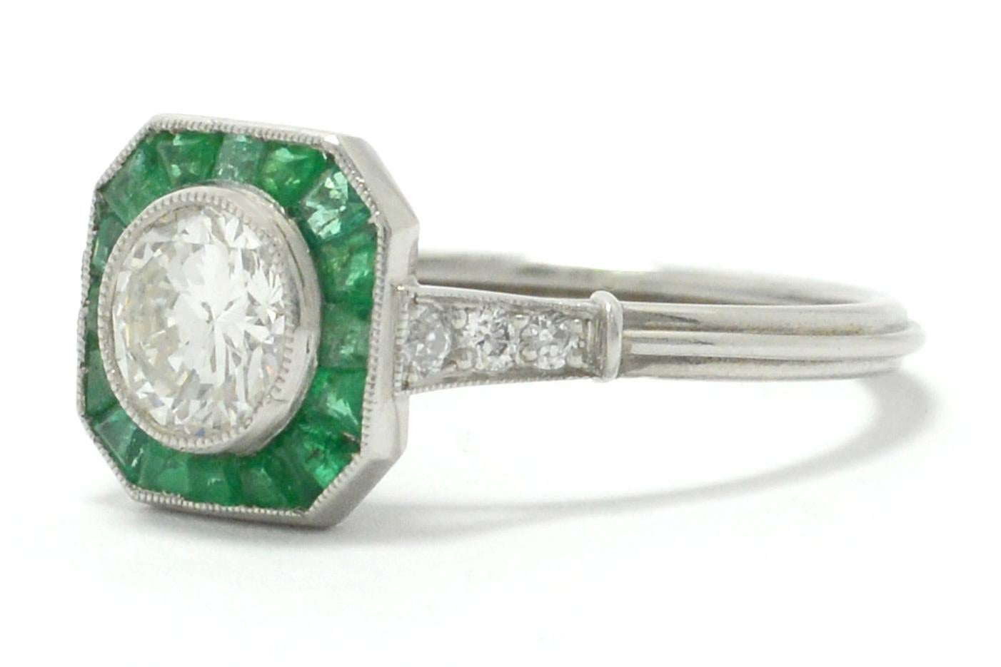 Round Cut Art Deco Style Diamond Emerald Engagement Ring Octagon Halo Platinum