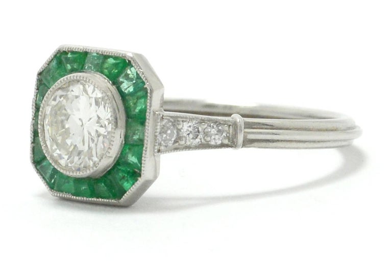 Art Deco Style Diamond Emerald Engagement Ring Octagon Halo Platinum ...