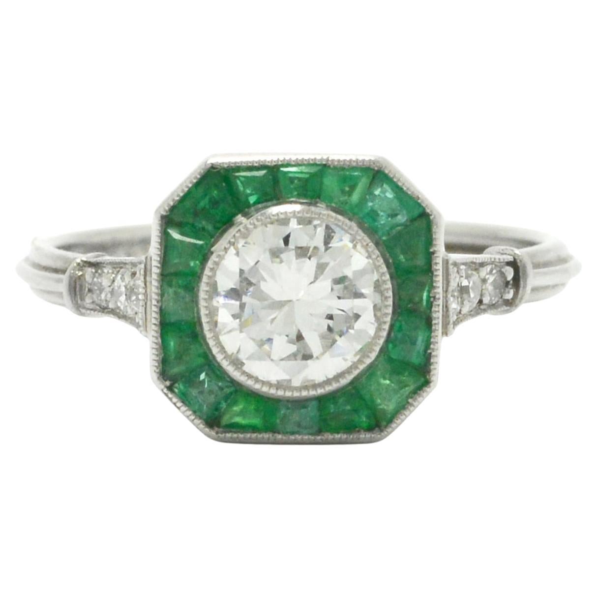 Art Deco Style Diamond Emerald Engagement Ring Octagon Halo Platinum
