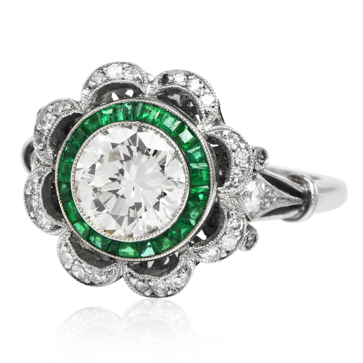 Art Deco Stil Diamant  Smaragd-Blumen-Blumen-Blumen-Verlobungsring (Art déco) im Angebot