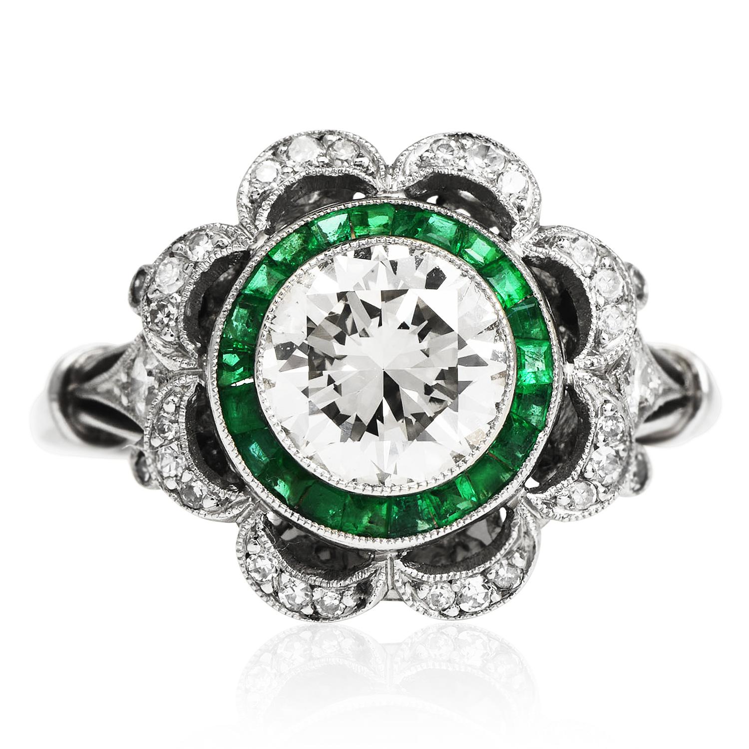 Art Deco Style Diamond  Emerald Flower Floral Engagement Ring In Excellent Condition For Sale In Miami, FL