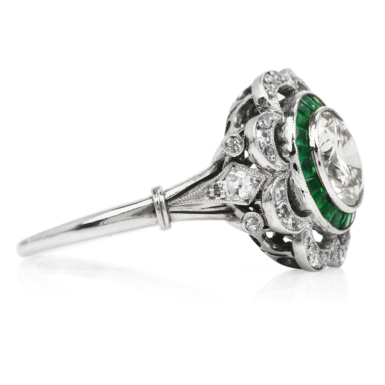 Women's or Men's Art Deco Style Diamond  Emerald Flower Floral Engagement Ring For Sale