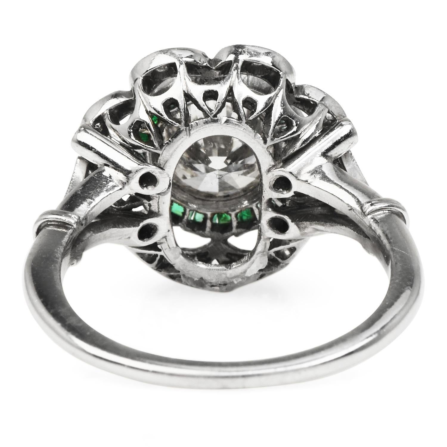 Art Deco Style Diamond  Emerald Flower Floral Engagement Ring For Sale 2