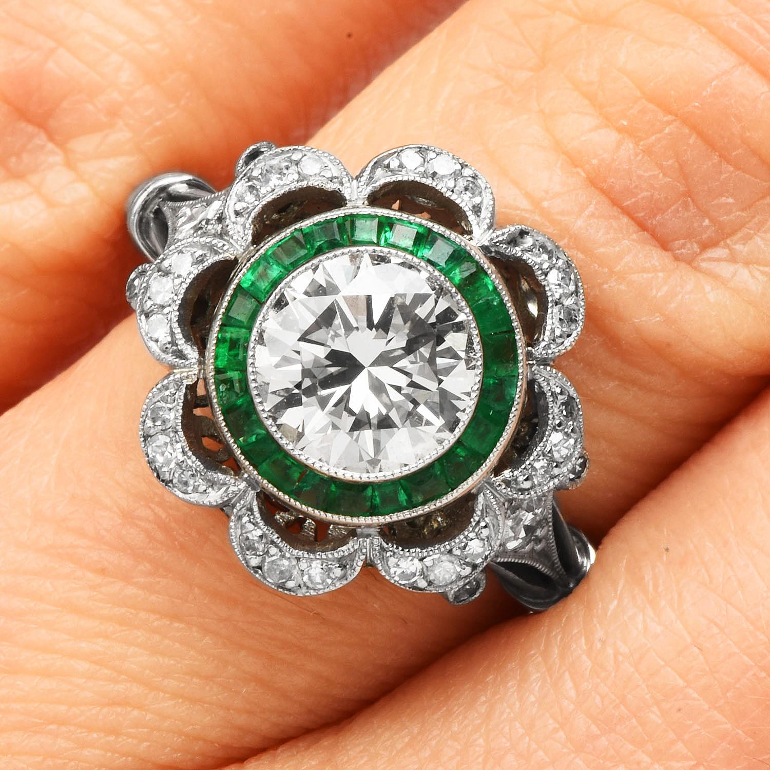 Art Deco Style Diamond  Emerald Flower Floral Engagement Ring For Sale 1