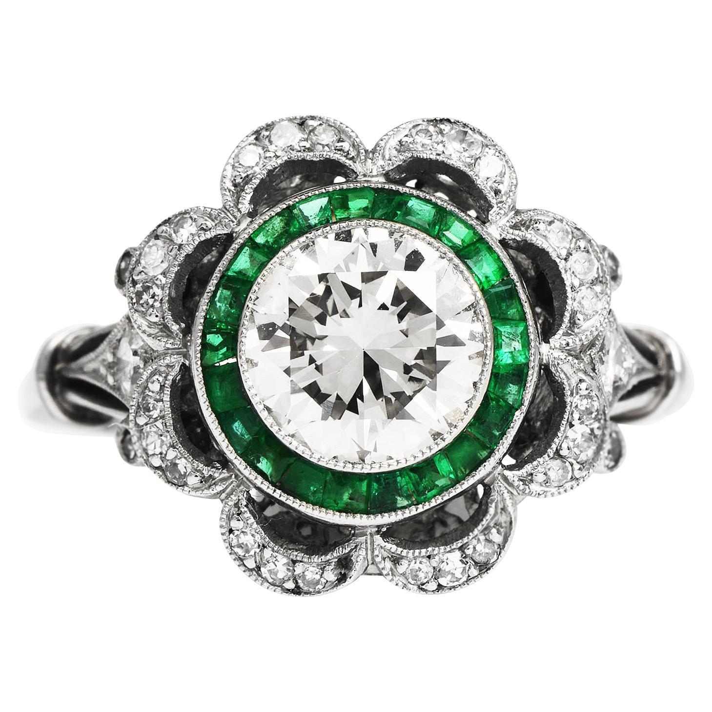 Art Deco Style Diamond  Emerald Flower Floral Engagement Ring For Sale