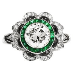 Vintage Art Deco Style Diamond  Emerald Flower Floral Engagement Ring