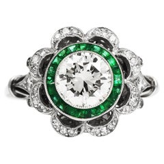 Diamants de style Art déco Bague de fiançailles fleur florale émeraude