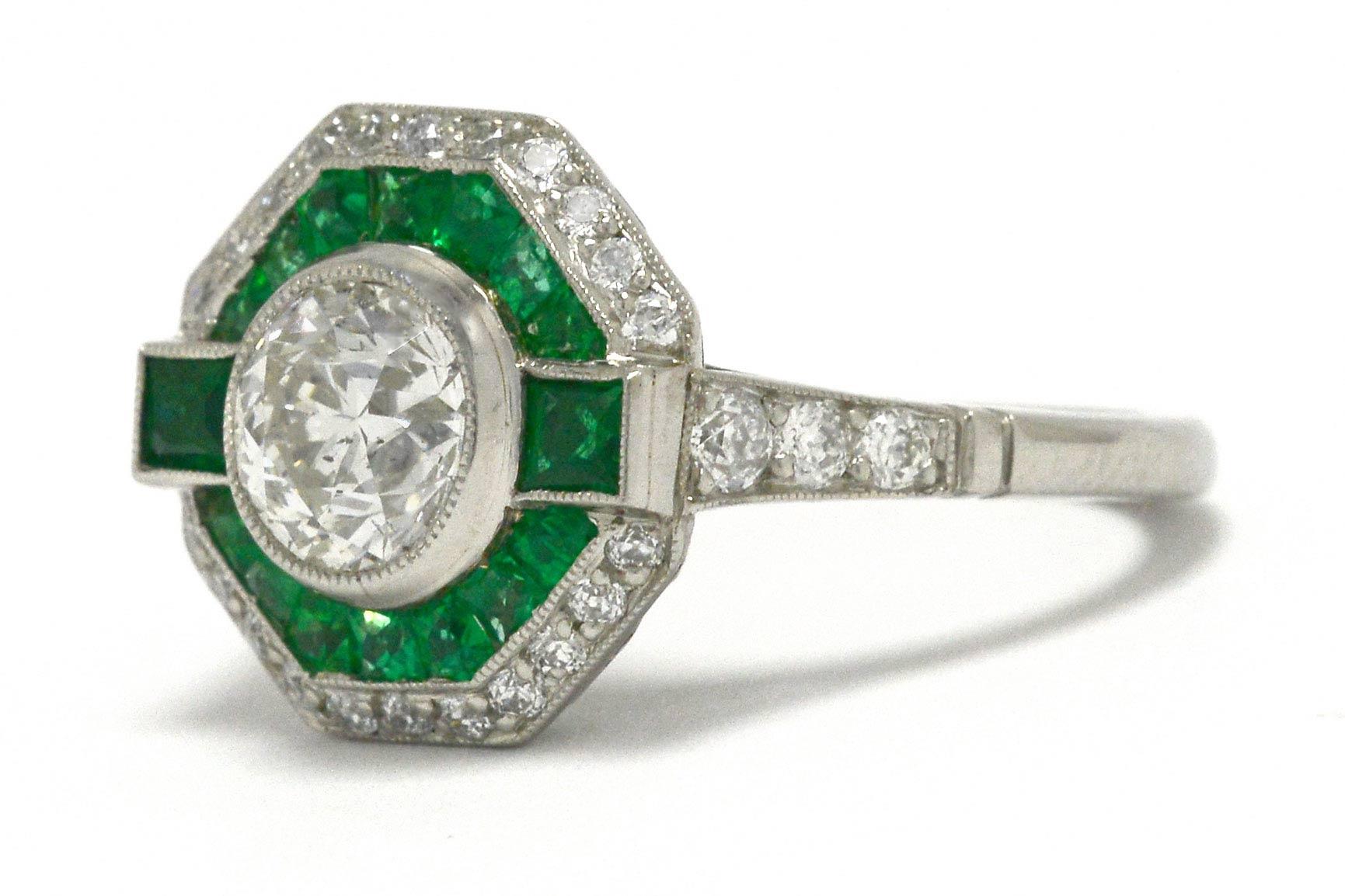 art deco emerald cut halo diamond engagement ring