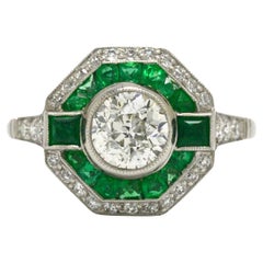 Art Deco Style Diamond Emerald Halo Engagement Ring Geometric Octagon Platinum