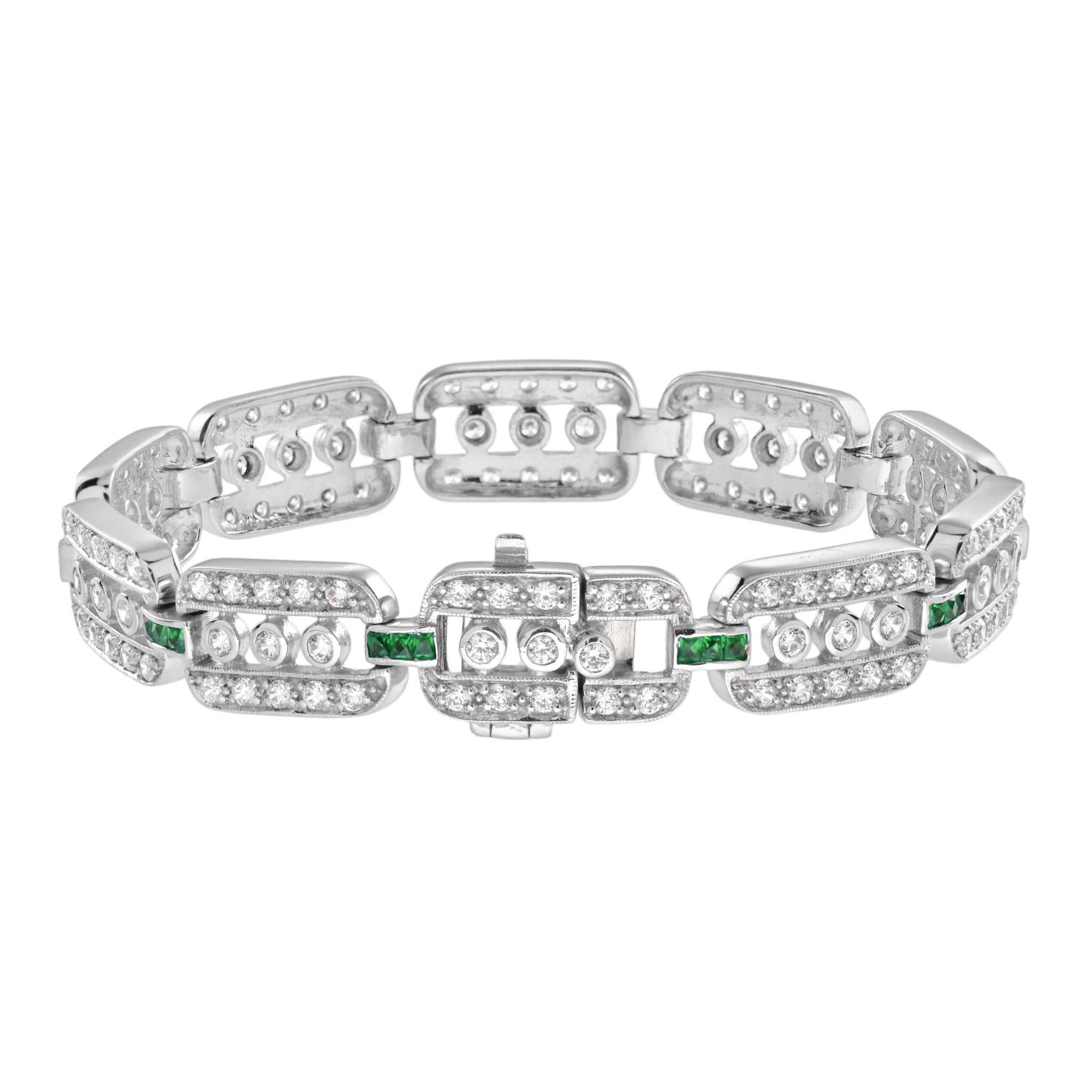 Handcrafted out of stunning diamonds and emeralds, this bracelet is perfect for evening or day wear. Each individual section features round diamonds and is separated from its neighbor with a French cut emeralds line. This wonderful piece is a