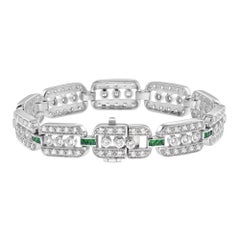 Art Deco Style Diamond & Emerald Line Unique 14K White Gold Bracelet
